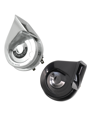 Chrome version of the OEM 69060-90D 12 Volt horn, E-approved