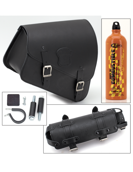Fits all Sportster 2004-2013, Black leather bag with matte buckles, mounting hardware, Fuel Can and Fuel Can holder