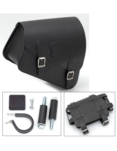 Fits all Sportster 2004-2013, Black leather bag with matte buckles, mounting hardware and oil can holder
