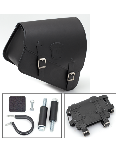 Fits all Sportster 2004-2013, Black leather bag with matte buckles, mounting hardware and oil can holder