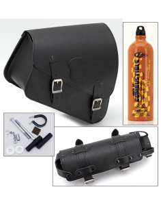 Fits all XL Sportster 2014-2022, Black leather bag with matte buckles, mounting hardware, Fuel Can and Fuel Can holder