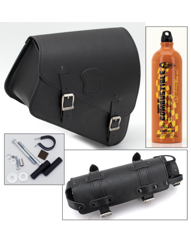 Fits all XL Sportster 2014-2022, Black leather bag with matte buckles, mounting hardware, Fuel Can and Fuel Can holder