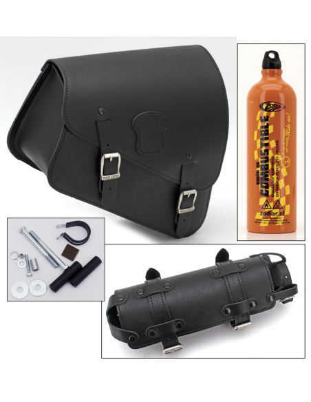 Fits all XL Sportster 2014-2022, Black leather bag with matte buckles, mounting hardware, Fuel Can and Fuel Can holder