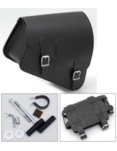 Fits all XL Sportster 2014-2022, Black leather bag with matte buckles, mounting hardware and oil can holder