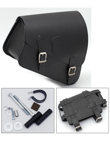Fits all XL Sportster 2014-2022, Black leather bag with matte buckles, mounting hardware and oil can holder