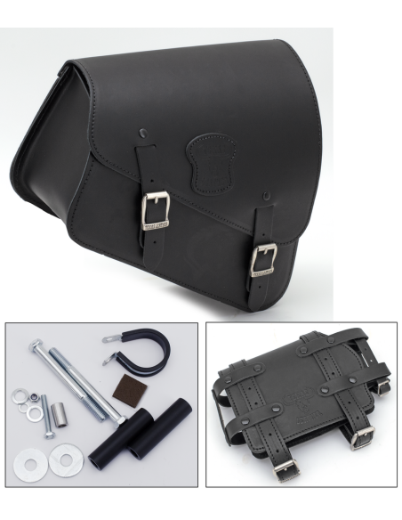 Fits all XL Sportster 2014-2022, Black leather bag with matte buckles, mounting hardware and oil can holder