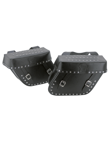 15 3/4" (40cm) long, 10" (25cm) high and 5" (12.5cm) deep, capacity 10 litres each, Black leather with matte buckles