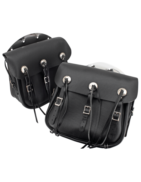 Fits Big Twin 1936-1957, 1936-1943 style saddlebags, black with rigid mount plates, pair (OEM 11785-36B)