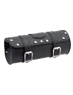 4 3/8" (11cm) diameter, 10" (26cm) long, capacity 3 litres, Black leather with chrome buckles and chrome studs