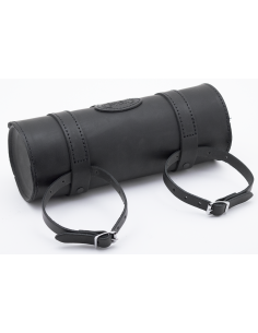 4 3/8" (11cm) diameter, 11 1/2" (29cm) long, capacity 3.5 litres, Black leather with matte buckles