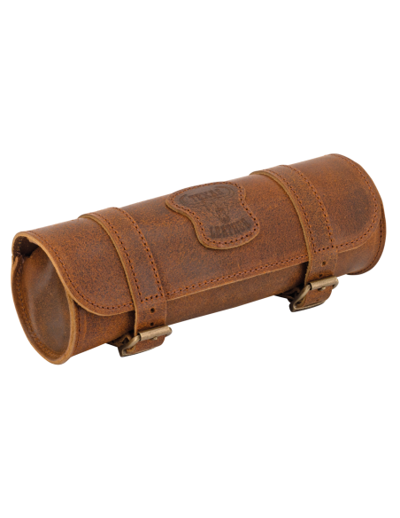 4 3/8" (11cm) diameter, 11 1/2" (29cm) long, capacity 3.5 litres, Brown Ranger style leather with brass buckles