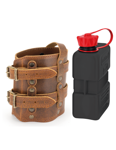 Holders with 1 litre FuelFriend canister, Ranger brown holder with black 1 litre canister